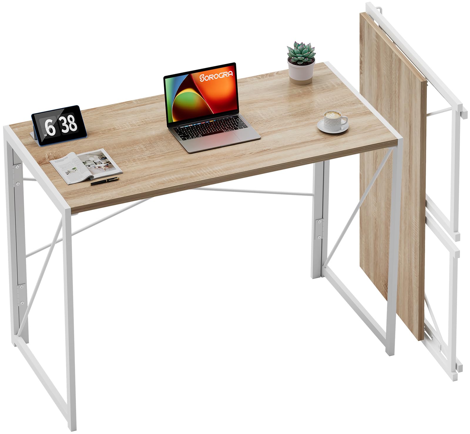 Coavas Small Folding Desk 39.4 inch No Assembly Required Computer Desks Spaces Saving Foldable Table for Bedroom Home Office Dorm Apartment Kids White Oak