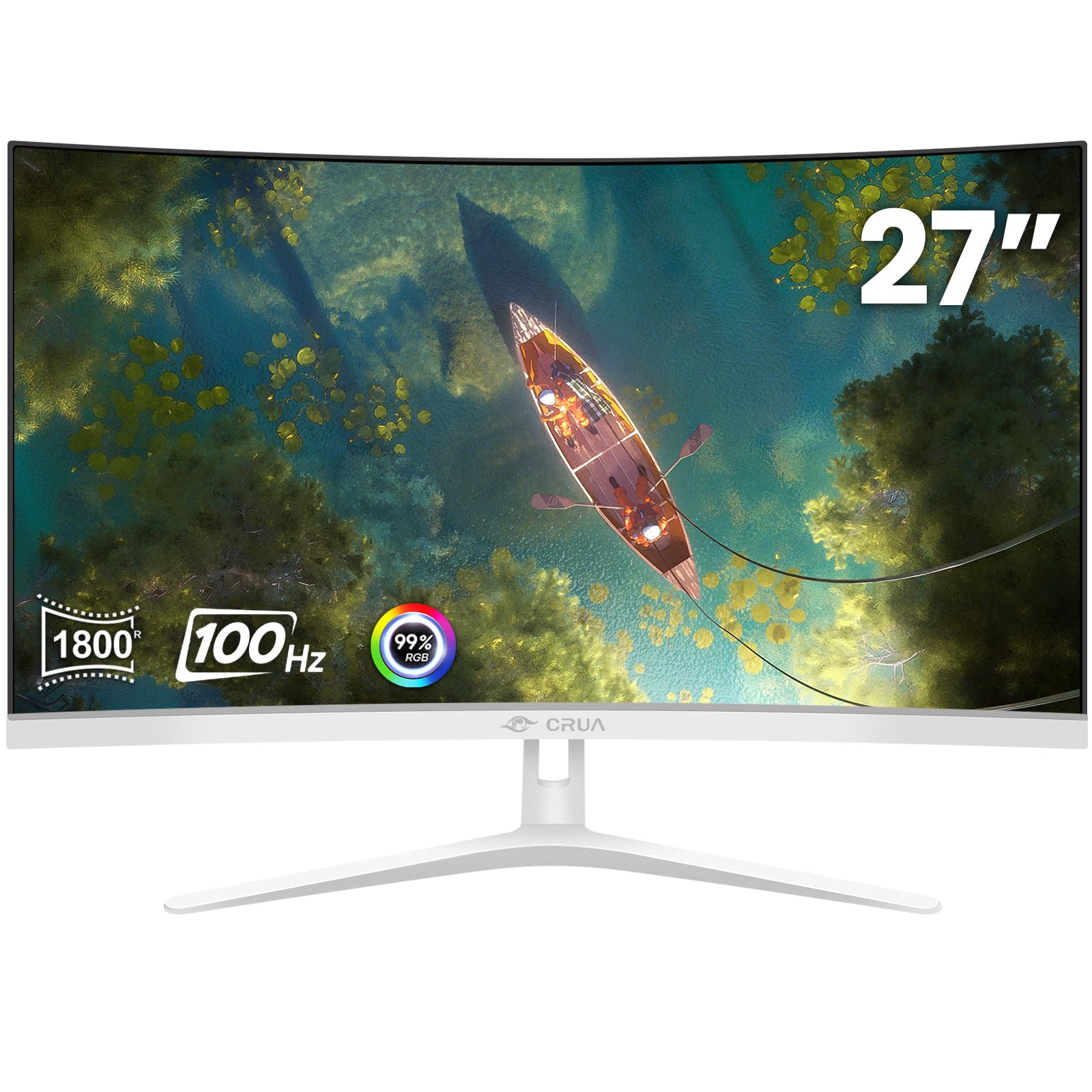 CRUA 27" Curved White Monitor Full HD(1920x1080P) VA Panel 1800R 100HZ 99% sRGB Professional Computer Monitors 3Sides Frameless Flicker-LessBlue Light Filter for Office & Gaming.(VGA HDMI)