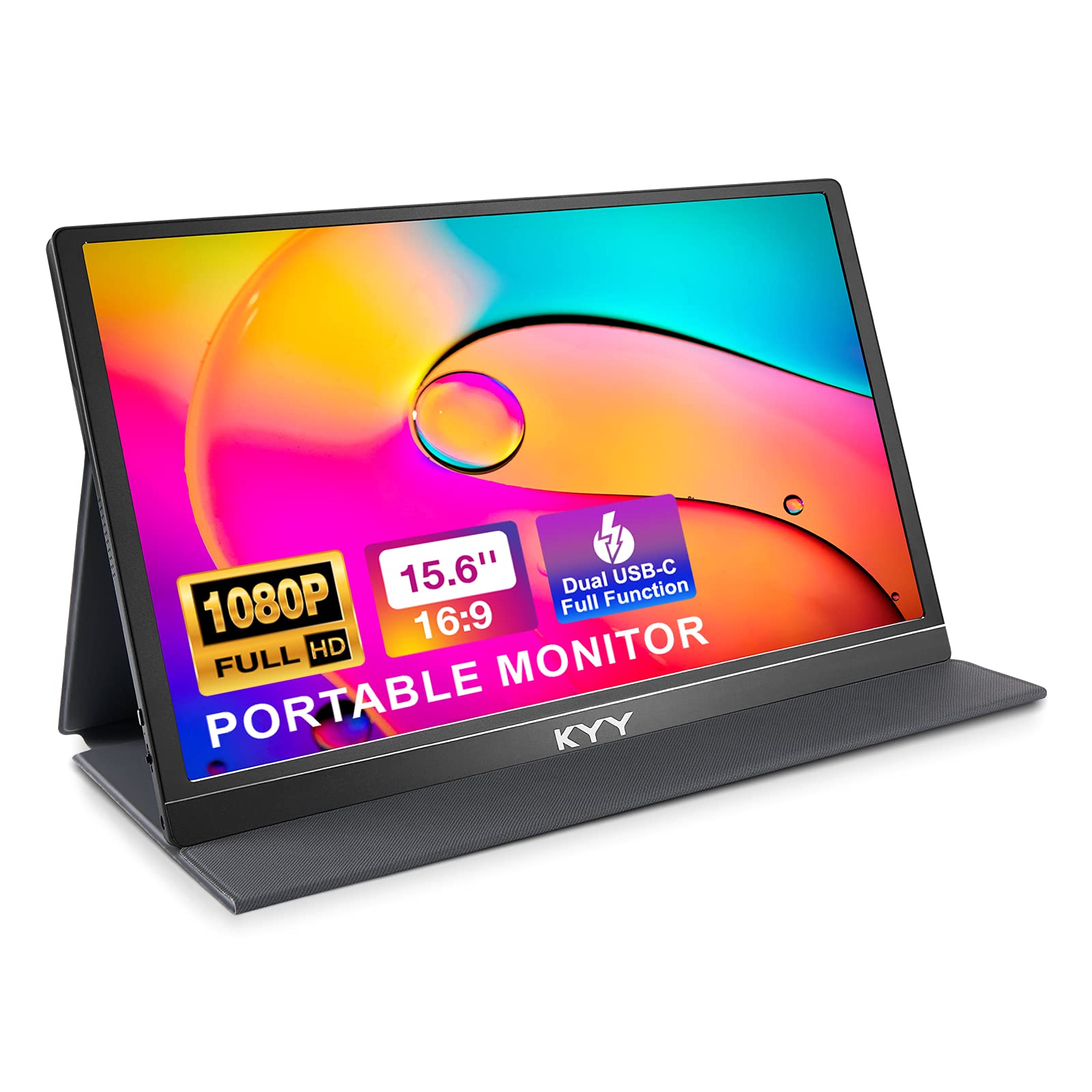 KYY Portable Monitor 15.6 1080P FHD USB-C Laptop Monitors w/Smart Cover & Dual Speaker HDMI Computer Display IPS HDR External Gaming Monitor for PC Phone Mac Xbox PS4 Switch[Upgraded]
