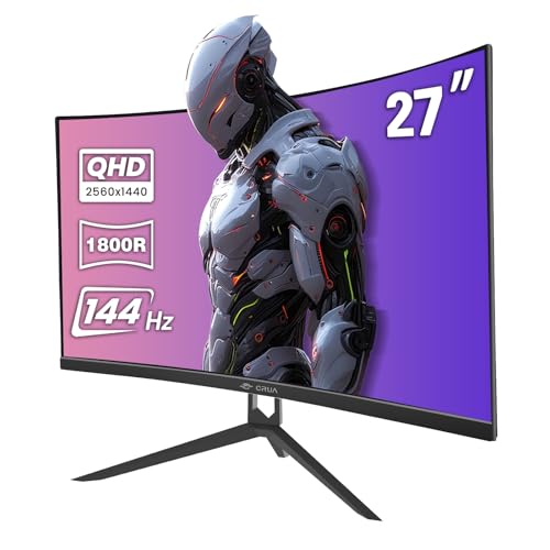 CRUA 27" Curved Gaming Monitor QHD(2560x1440P) 144Hz/165Hz 99% sRGB Professional Computer Monitors Support AMD FreeSync Wall Mountable Installs(HDMI DP)-Black